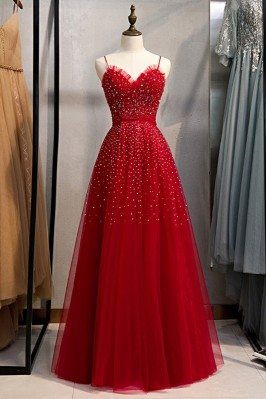 Cute Red Tulle Burgundy Prom Dress With Bling Straps - MYS78070