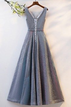 Pleated Illusion Vneck Long Grey Prom Dress With Metallic Fabric - MYS68024