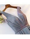 Pleated Illusion Vneck Long Grey Prom Dress With Metallic Fabric - MYS68024