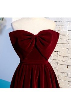 Dark Red Big Bow Front Long Velvet Party Dress Strapless - MYS68067