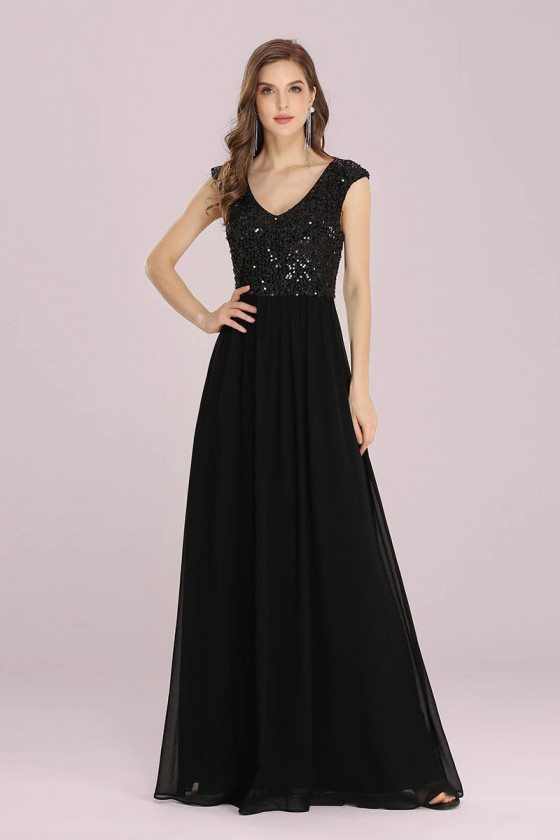 Simple Long Black Evening Dress With Sequins Cap Sleeves - $59.48 # ...