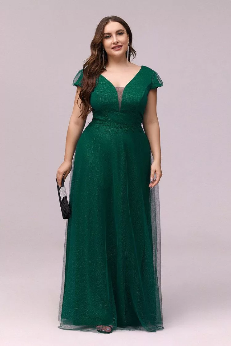 Plus Size Vneck Green Evening Prom Dress With Cap Sleeves - $56.48 # ...