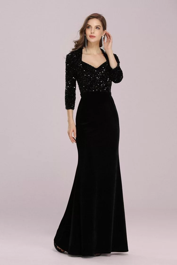 Elegant Black Velvet Mermaid Evening Dress With Sequins Sleeves - $58. ...