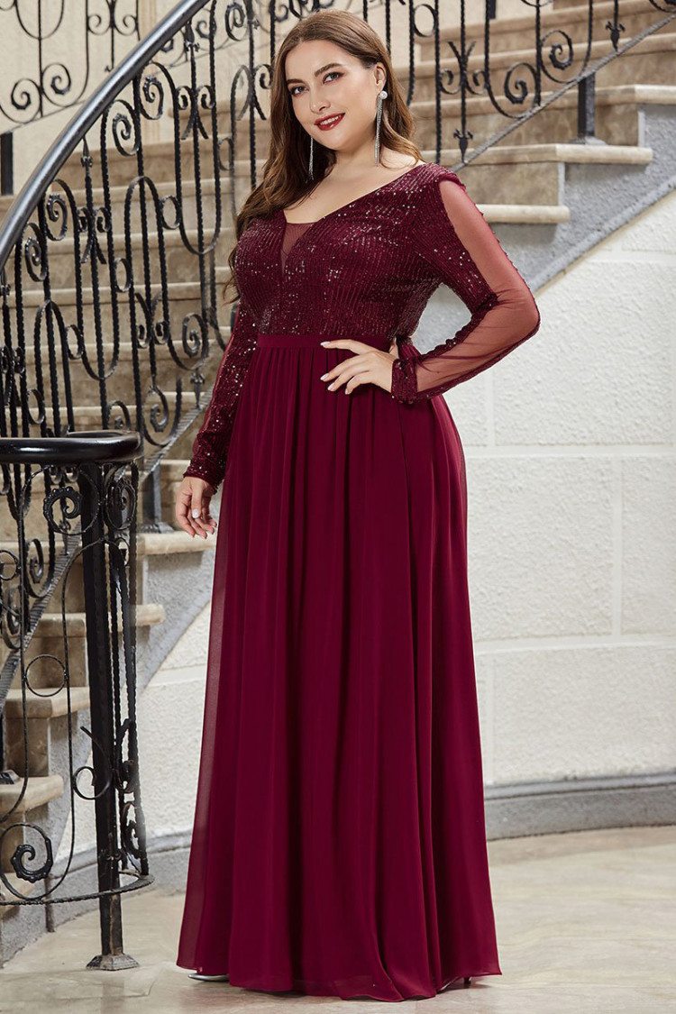 Burgundy Vneck Plus Size Evening Prom Dress With Long Sleeves - $72.48 ...