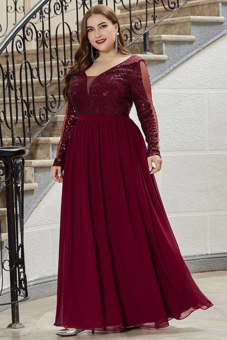 Burgundy Vneck Plus Size Evening Prom Dress With Long Sleeves - $72.48 ...