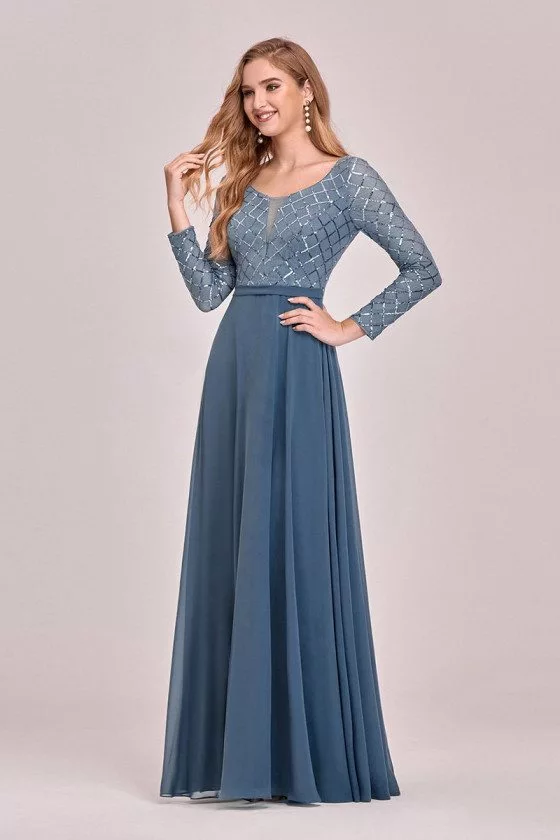 Dusty Blue Round Neck Chiffon Evening Dress With Long Sleeves - $65.48 #EP00312DN - SheProm.com