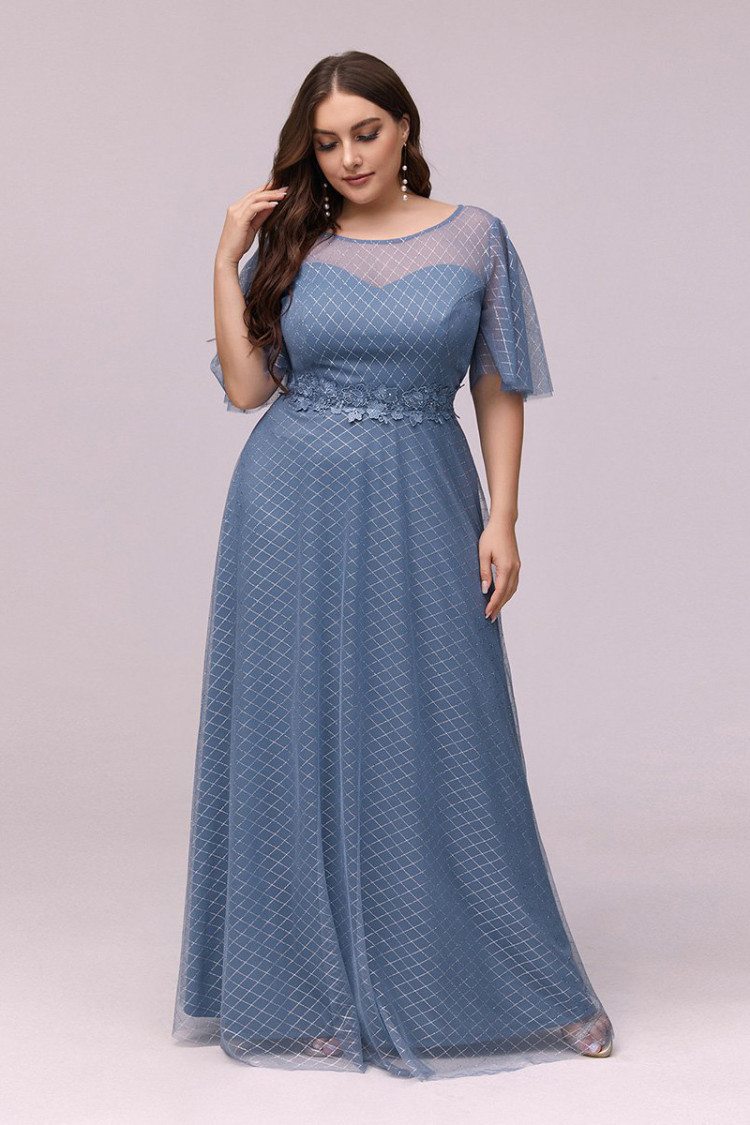 Plus Size Round Neck Dusty Blue Prom Dress With Puffy Sleeves - $67.48 ...