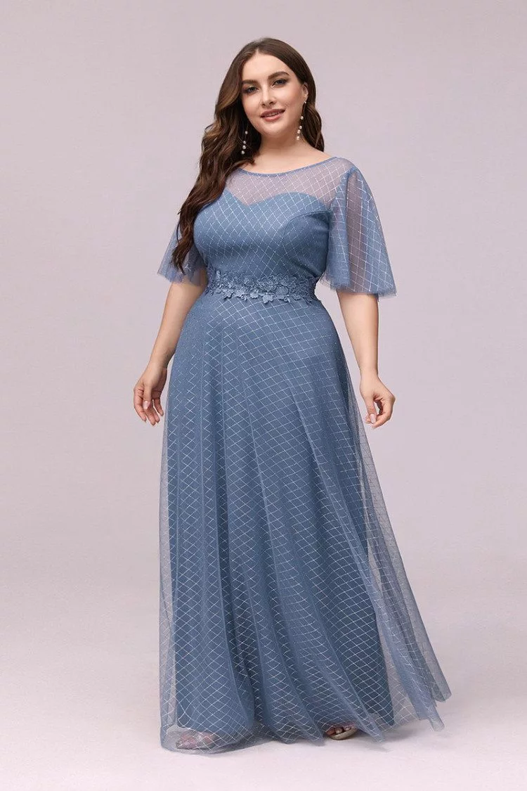 Plus Size Round Neck Dusty Blue Prom Dress With Puffy Sleeves - $67.48 ...