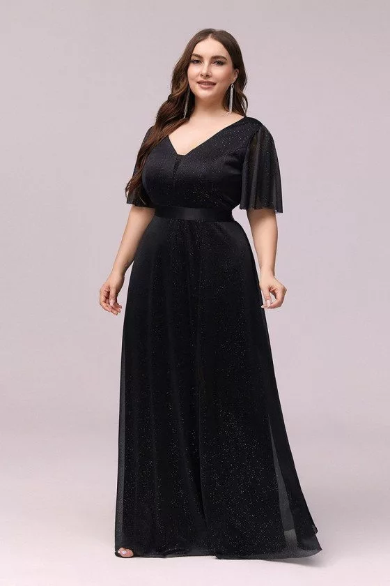 Plus Size Black Vneck Evening Formal Dress With Puffy Sleeves Side ...