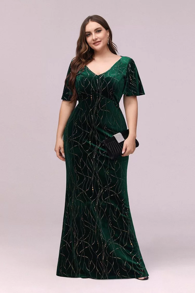 Modest Green Velvet Plus Size Evening Dress With Puffy Sleeves 56 48