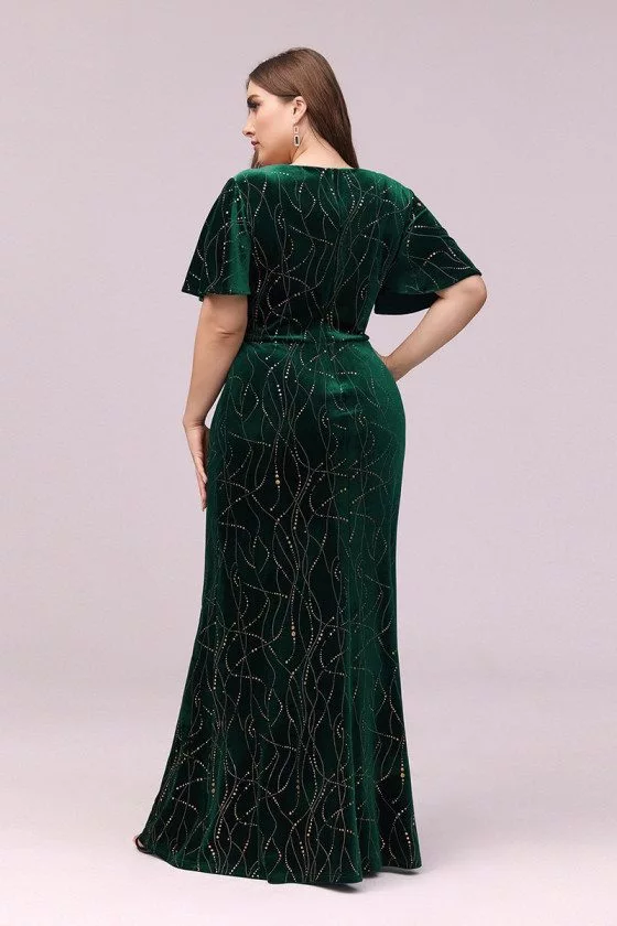 Modest Green Velvet Plus Size Evening Dress With Puffy Sleeves - $56.48 ...