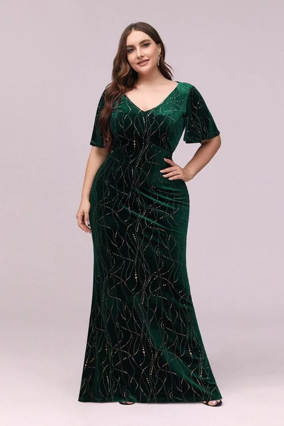 Modest Green Velvet Plus Size Evening Dress With Puffy Sleeves - $56.48 ...