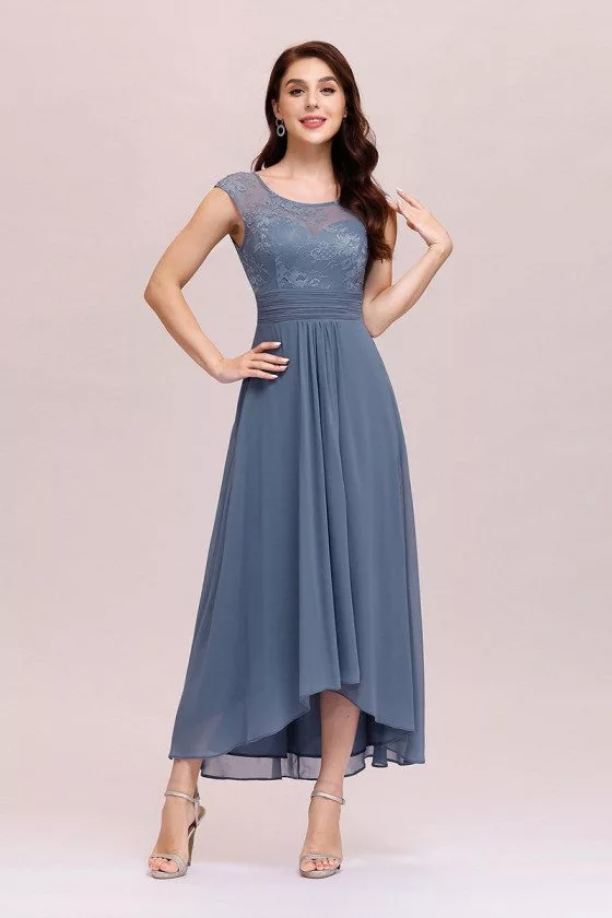 Dusty Navy Chiffon Ankle Length Party Dress With Sheer Neckline - $56. ...
