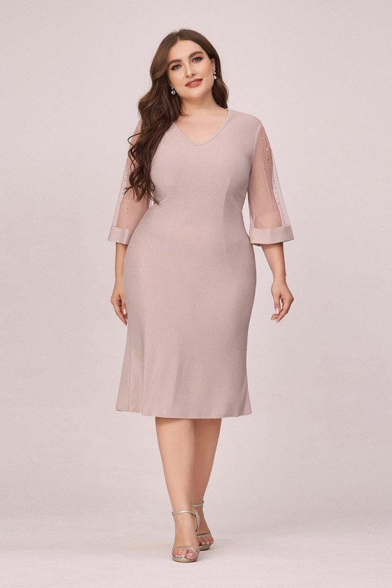 Plus Size Elegant Pink Bodycon Wedding Guest Dress With Sheer Sleeves ...