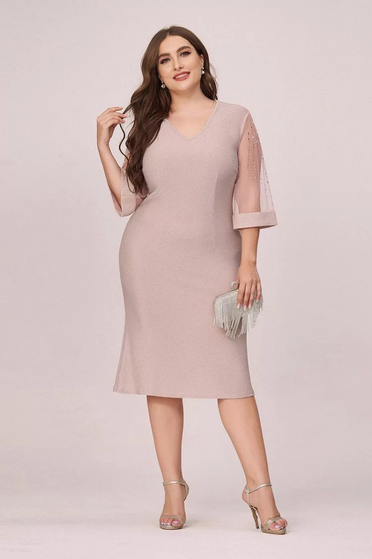 Plus Size Elegant Pink Bodycon Wedding Guest Dress With Sheer Sleeves 46 48 EP00496PK16