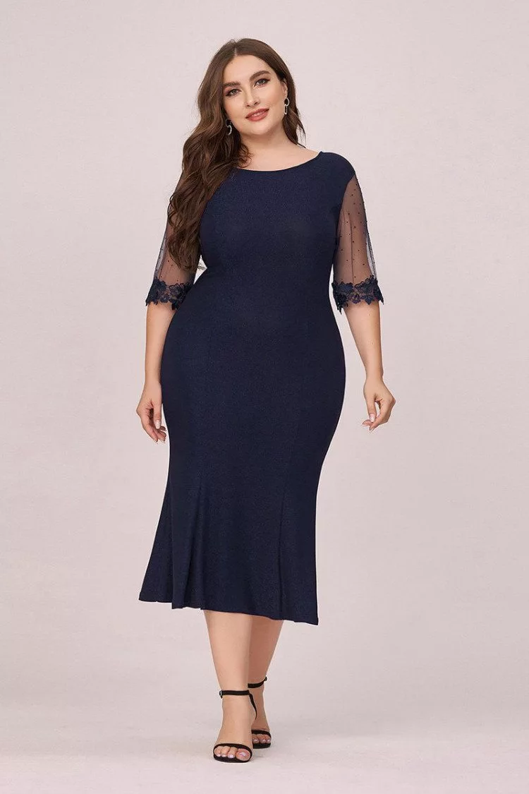 Plus Size Navy Blue Round Neck Bodycon Wedding Guest Dress With Sleeves 47 48 EP00495NB16