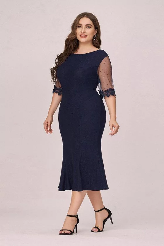 Plus Size Navy Blue Round Neck Bodycon Wedding Guest Dress With Sleeves ...