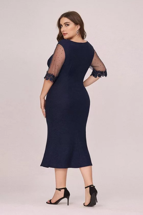 Plus Size Navy Blue Round Neck Bodycon Wedding Guest Dress With Sleeves