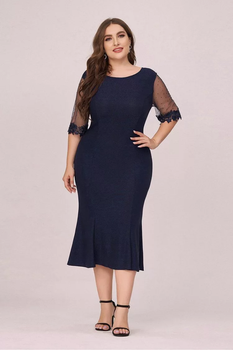Plus Size Navy Blue Round Neck Bodycon Wedding Guest Dress With Sleeves ...