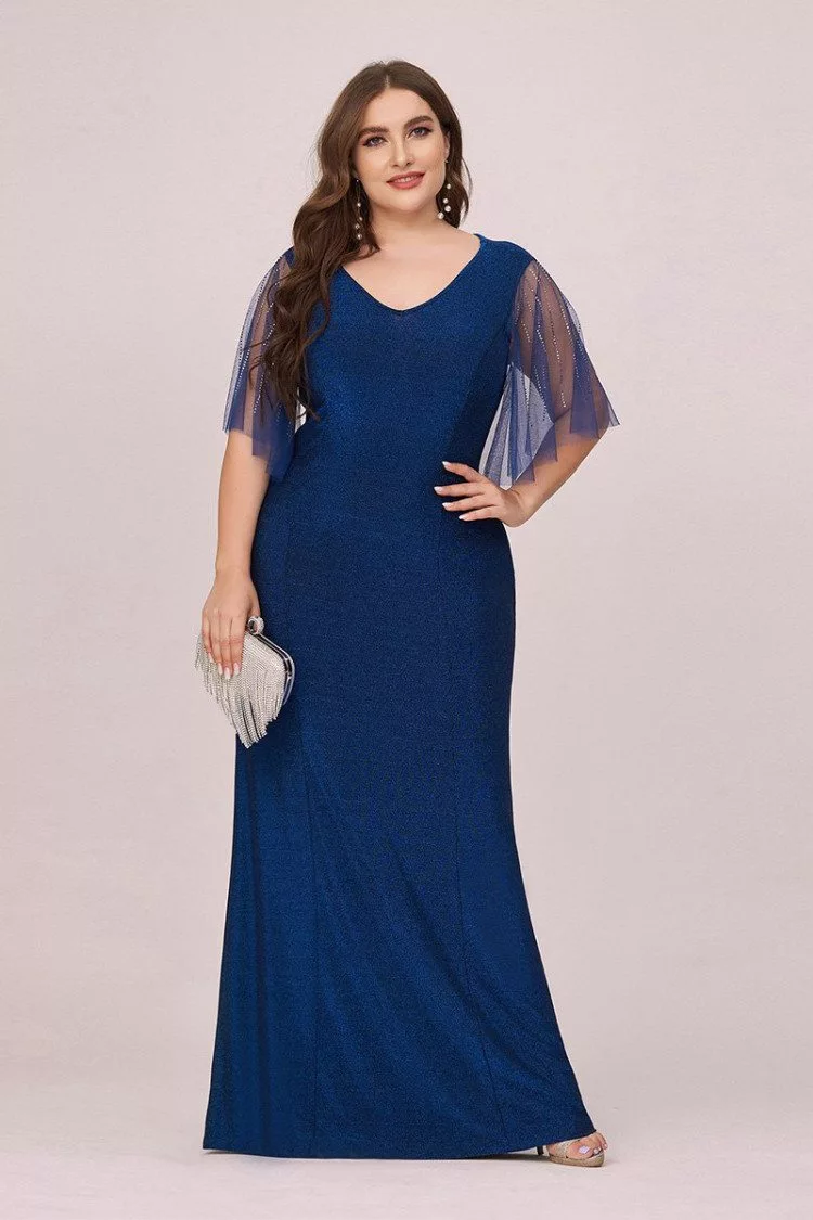Elegant Plus Size Blue Vneck Formal Evening Dress With Puffy Sleeves ...