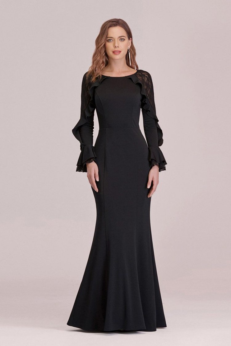 Slim Long Black Mermaid Evening Dress With Ruffles Long Sleeves - $58. ...