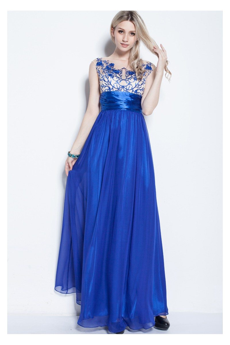 Royal Blue Chiffon Embroidery Long Dress - $82 #CK253 - SheProm.com