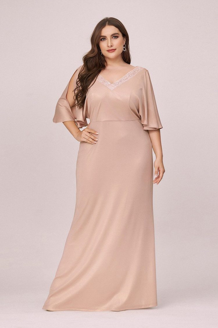 Elegant Blush Plus Size Evening Dress Vneck With Sleeves 64.48 
