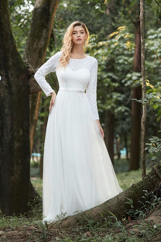 Cream White Round Neck Aline Wedding Dress With Long Sleeves - $64.48 # ...
