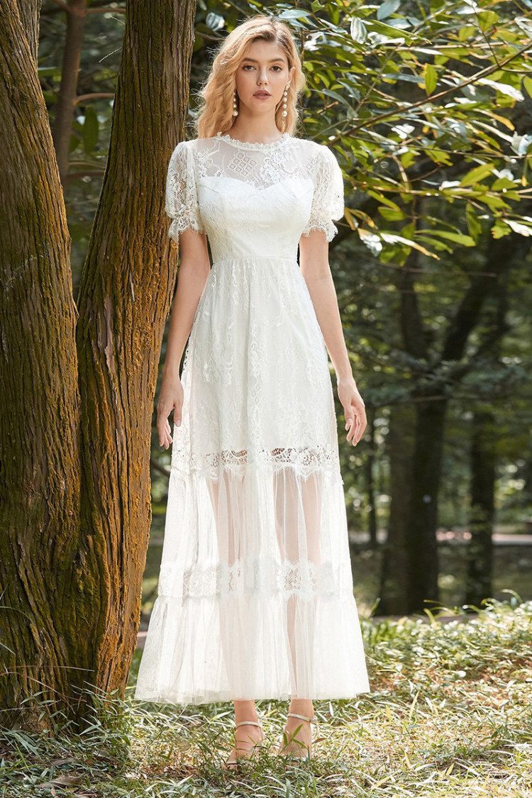 Romantic Aline Lace Mid Length Casual Wedding Dress With