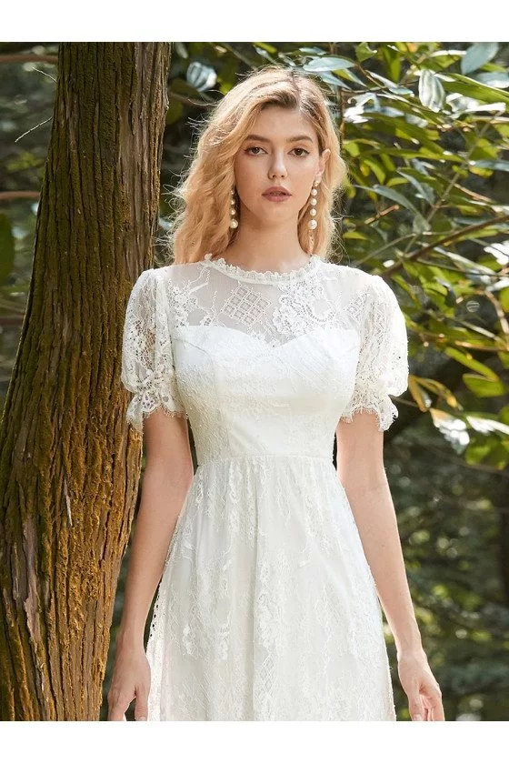 Romantic Aline Lace Mid Length Casual Wedding Dress With Short Sleeves ...