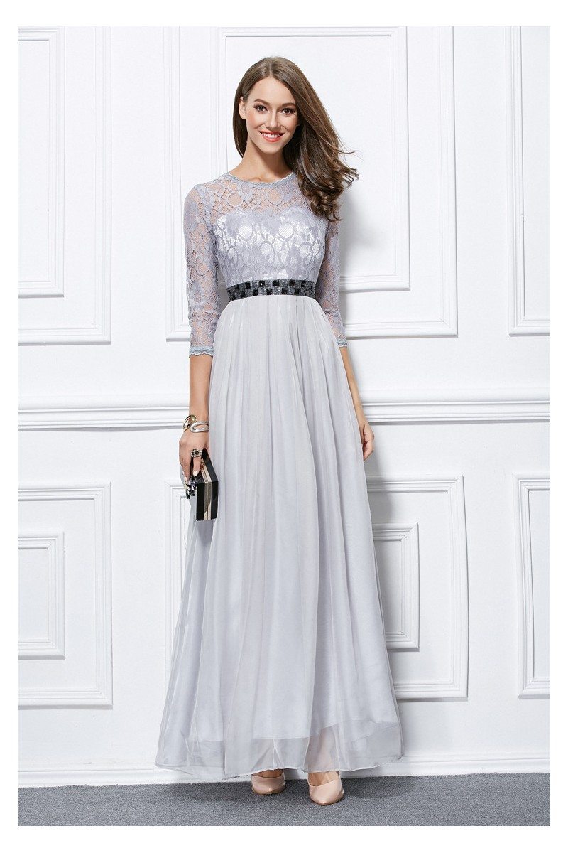 Lace Chiffon 3/4 Sleeve Long Dress - $89.3 #CK433 - SheProm.com