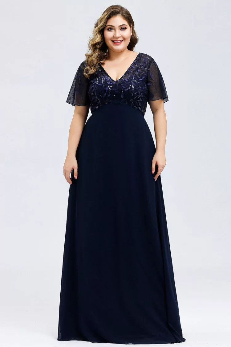 Plus Size Vneck Navy Blue Long Evening Dress With Sleeves 5648 Ez07706nb16 