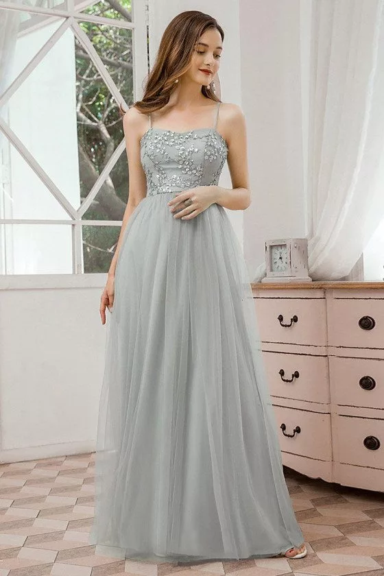 Romantic Grey Tulle Wedding Bridesmaid Dress With Sequins Straps - $55.