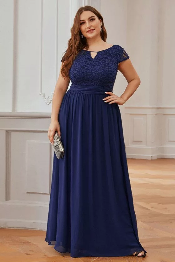 Plus Size Navy Blue Lace Wedding Party Dress With Cap Sleeves - $58.48 ...