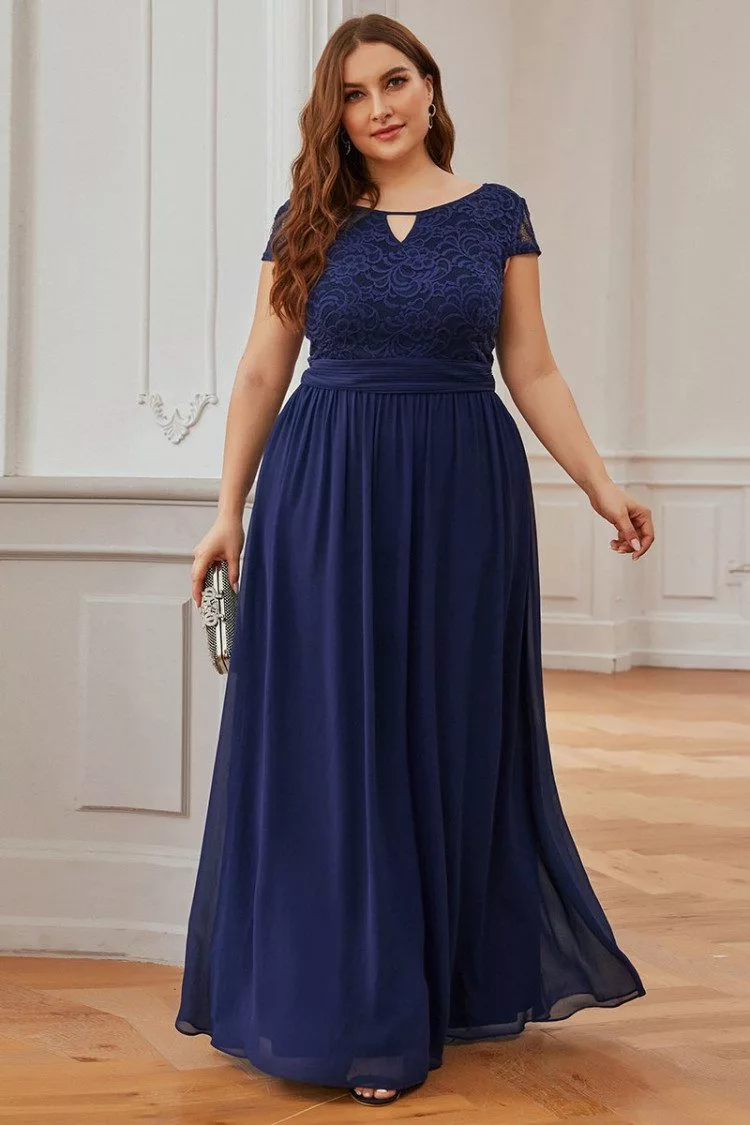 Plus Size Navy Blue Lace Wedding Party Dress With Cap Sleeves - $58.48