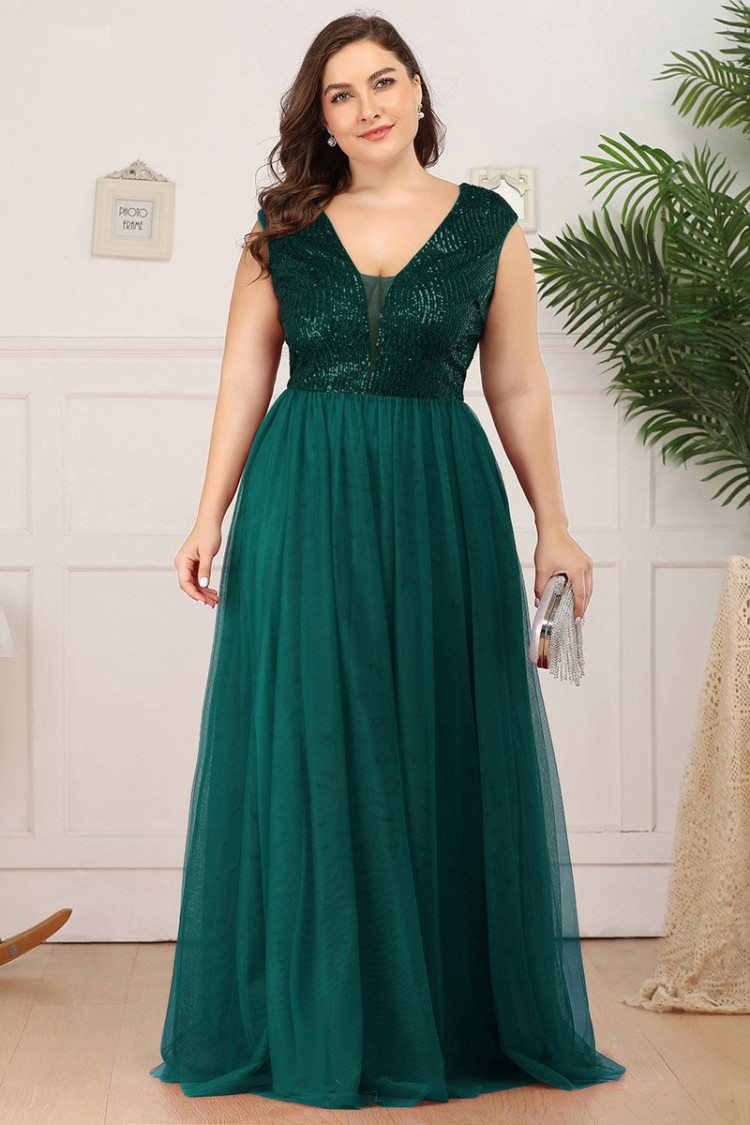 Plus Size Vneck Green Tulle Evening Prom Dress With Sequins - $61.48 # ...
