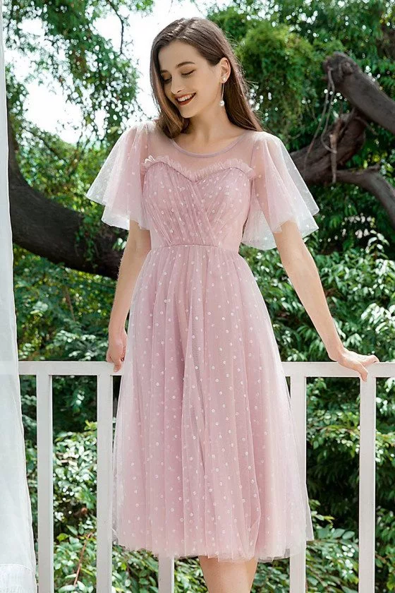 Cute Dotted Mauve Tulle Homecoming Party Dress With Puffy Sleeves - $58 ...