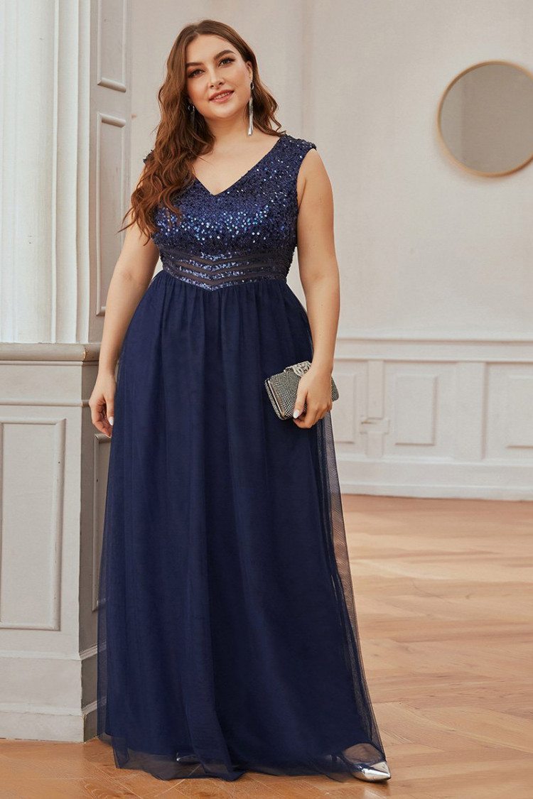 Navy Blue Plus Size Vneck Evening Dress With Sequins - $56.48 # ...