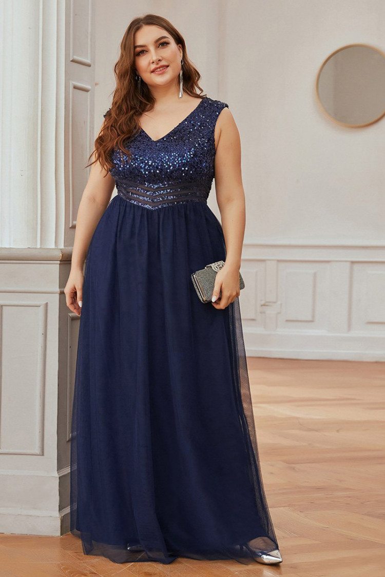 Navy Blue Plus Size Vneck Evening Dress With Sequins 5648 Ep00409nb16 1973