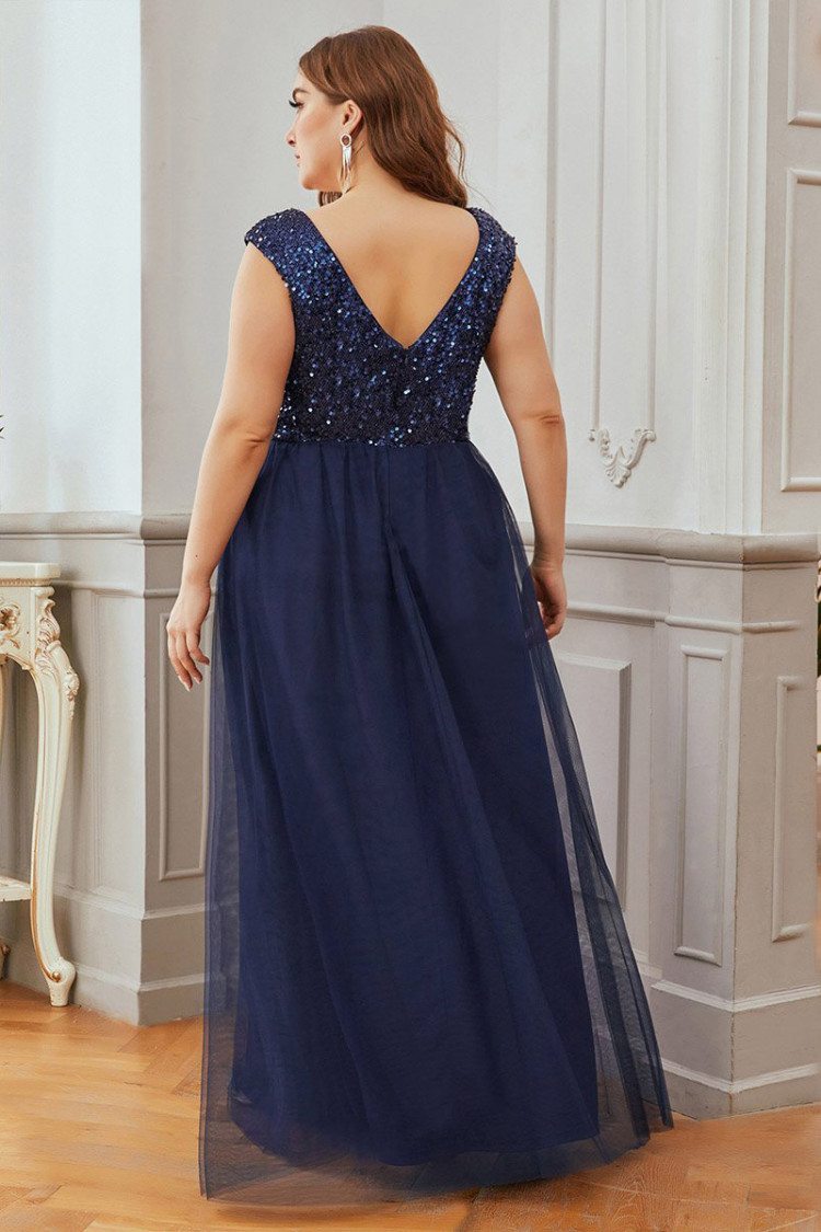 Navy Blue Plus Size Vneck Evening Dress With Sequins 56 48