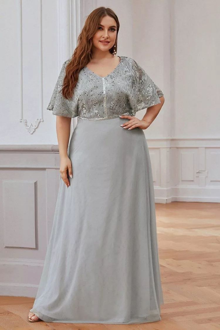 Plus Size Elegant Grey Tulle Evening Dress With Cape Sleeves - $67.48 # ...