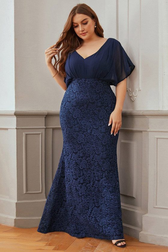 Navy Blue Plus Size Vneck Lace Evening Dress Classy With Puffy Sleeves ...