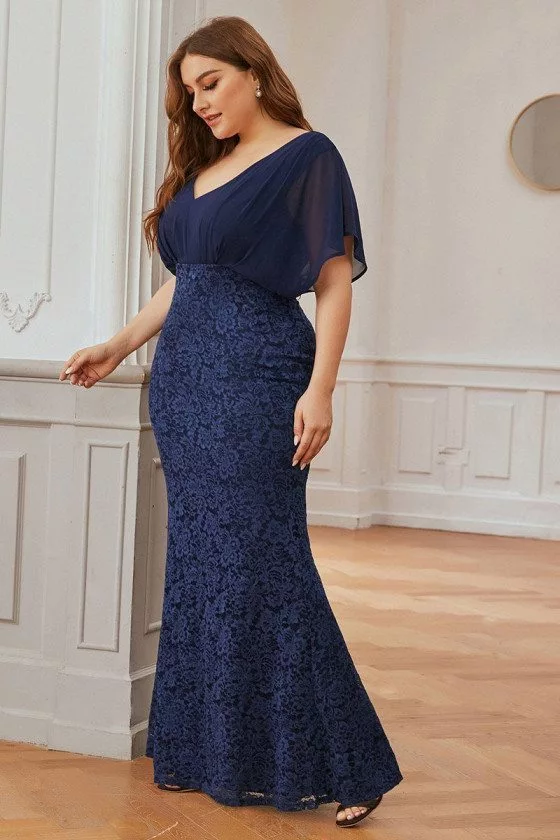 Navy Blue Plus Size Vneck Lace Evening Dress Classy With Puffy Sleeves ...