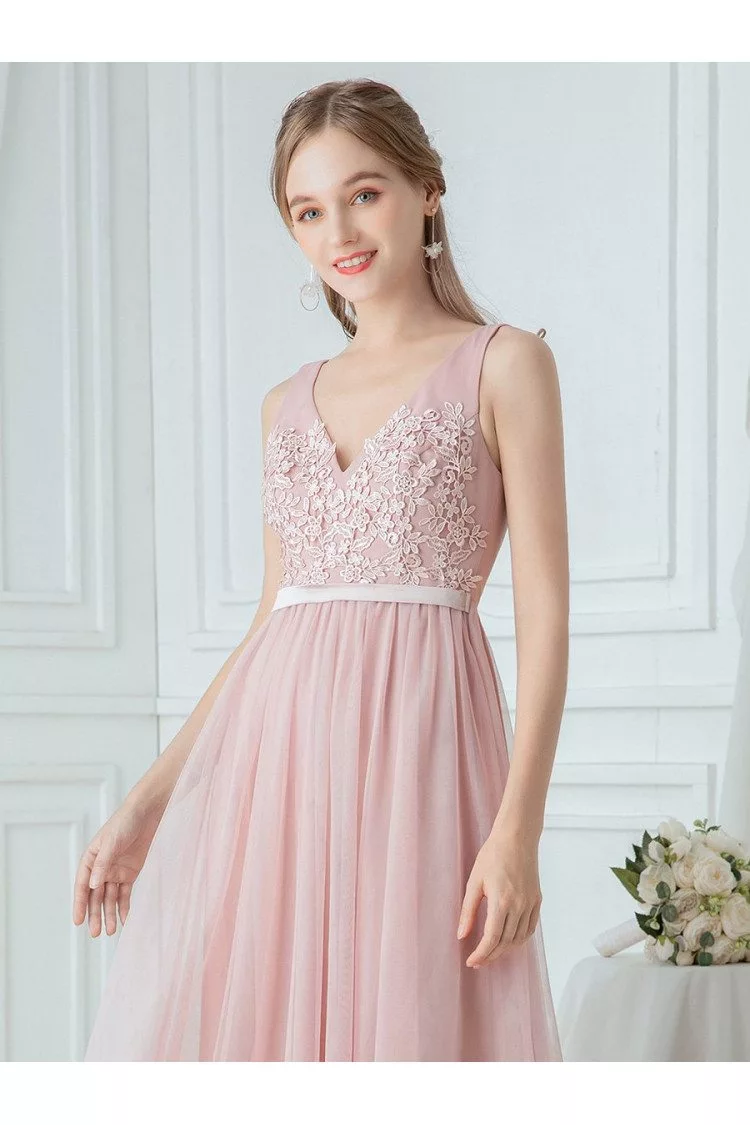 Blush Pink Tulle Aline Bridesmaid Dress Vneck With Appliques 56.48 