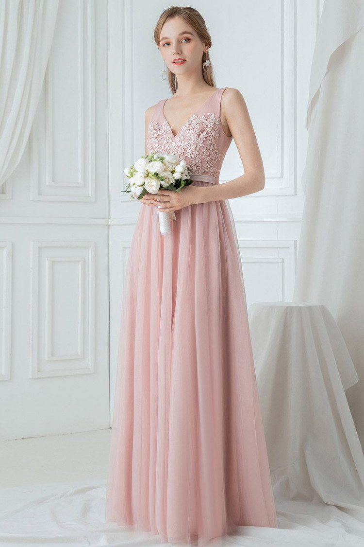 Blush Pink Tulle Aline Bridesmaid Dress Vneck With Appliques 56.48 
