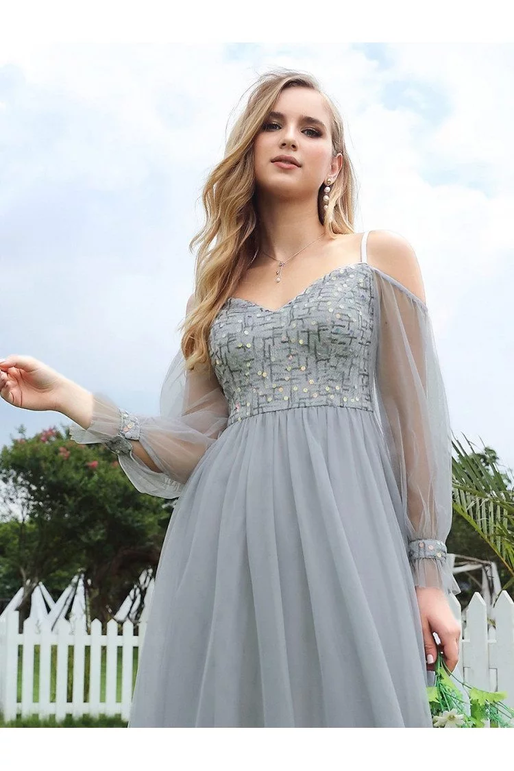 Grey Sequins Aline Long Formal Dress With Sheer Sleeves For Teens - $56 ...