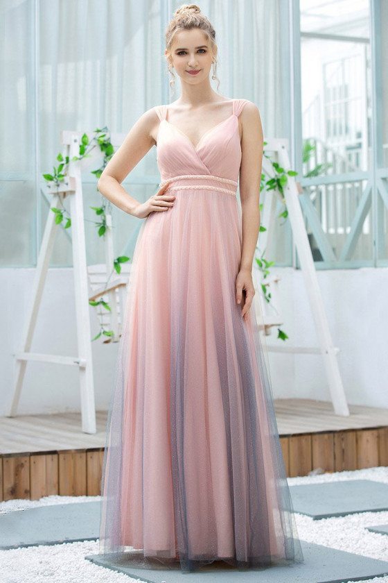 Ombre Pink Vneck Long Wedding Party Dress With Straps - $70.48 # ...