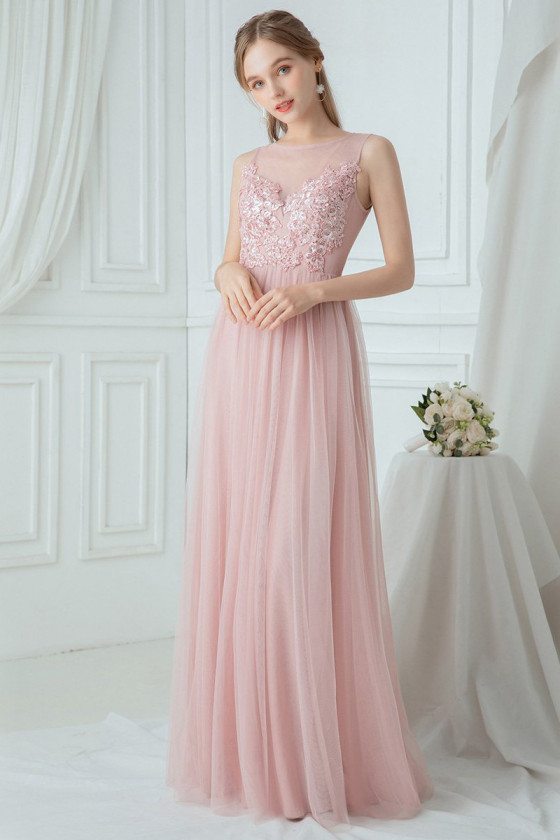 Flowy Pink Tulle Long Bridesmaid Dress With Appliques - $61.48 # ...