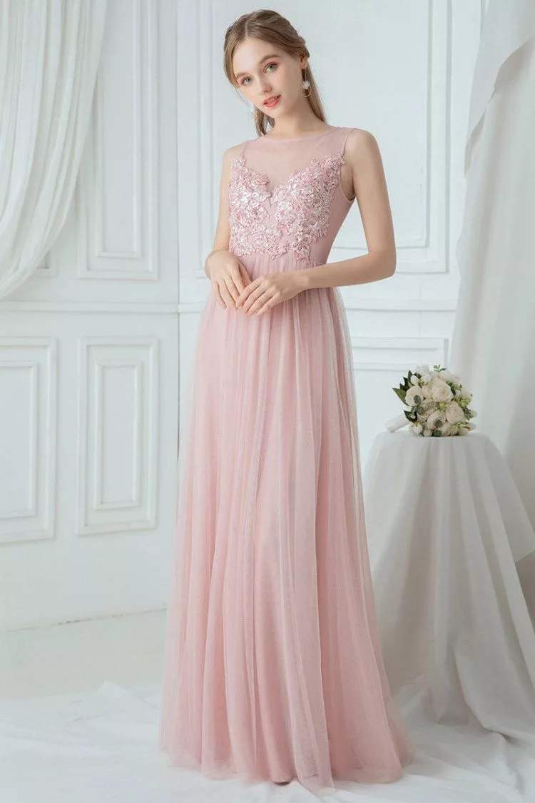 Flowy Pink Tulle Long Bridesmaid Dress With Appliques 6148 Ep00748pk 7058