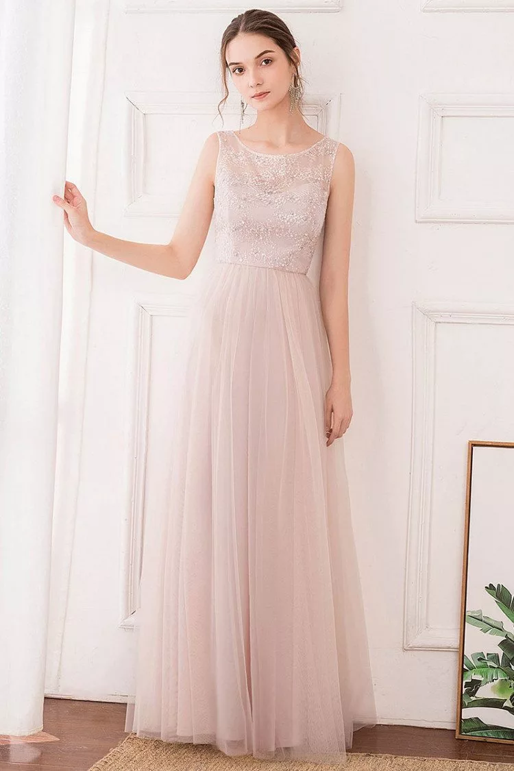 Pink Aline Long Tulle Bridesmaid Dress With Embroidery 5648 Ep00740pk 